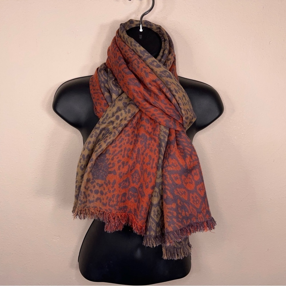 Charlie Paige Scarf Multicolored Leopard Print Red Orange Golden Beige Boho - Picture 2 of 11